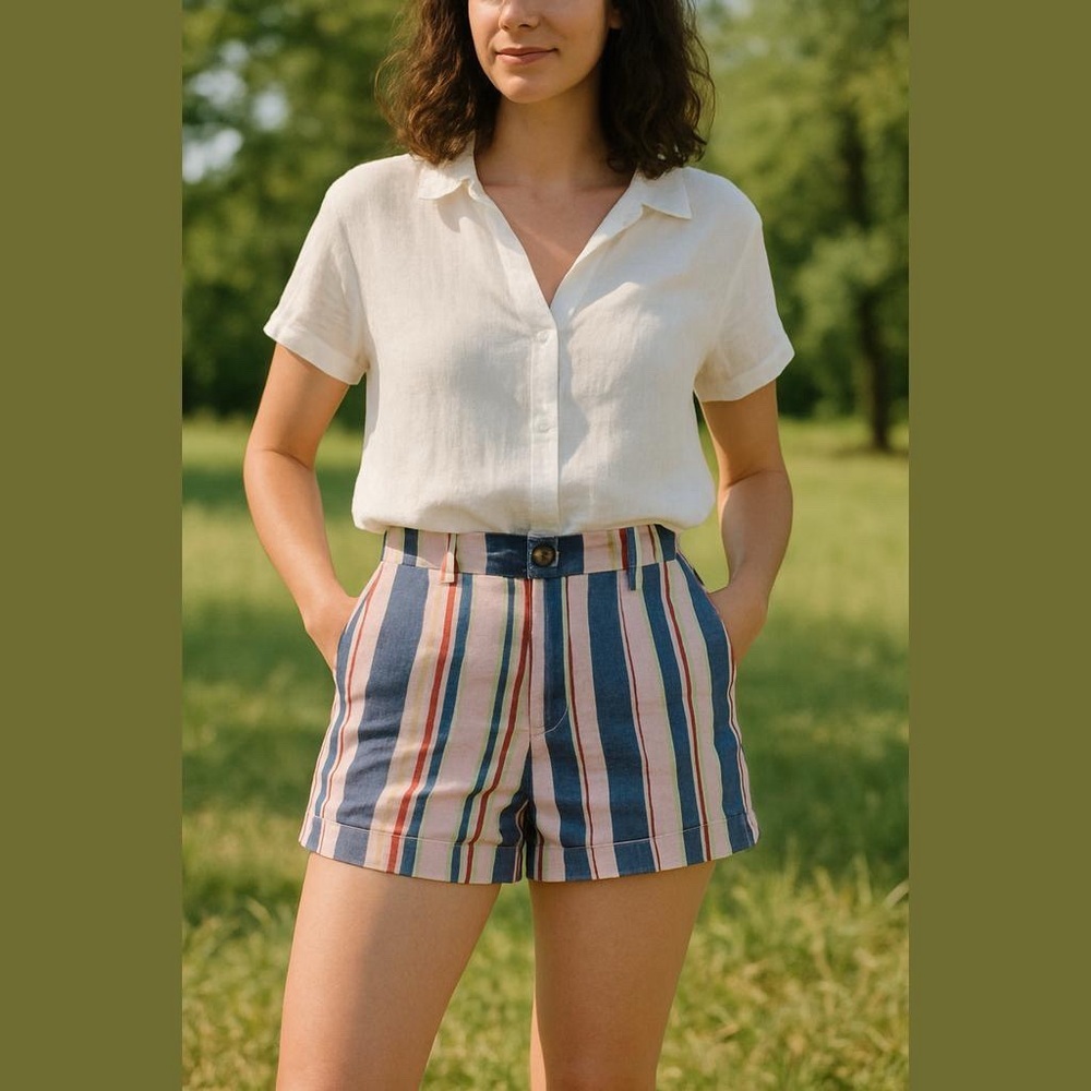 Old Navy Everyday Linen Blend Shorts Size 4 Multicolor Striped Pockets NWT